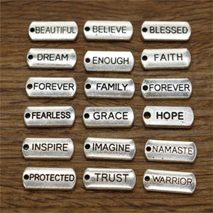 20 Bar Tags Inspirational Word Charm Rectangle Word Affirmation Charm Beautiful Dream Inspire Forever Grace Dream Hope Antique Silver 21x8