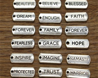 20 Bar Tags Inspirational Word Charm Rectangle Word Affirmation Charm Beautiful Dream Inspire Forever Grace Dream Hope Antique Silver 21x8
