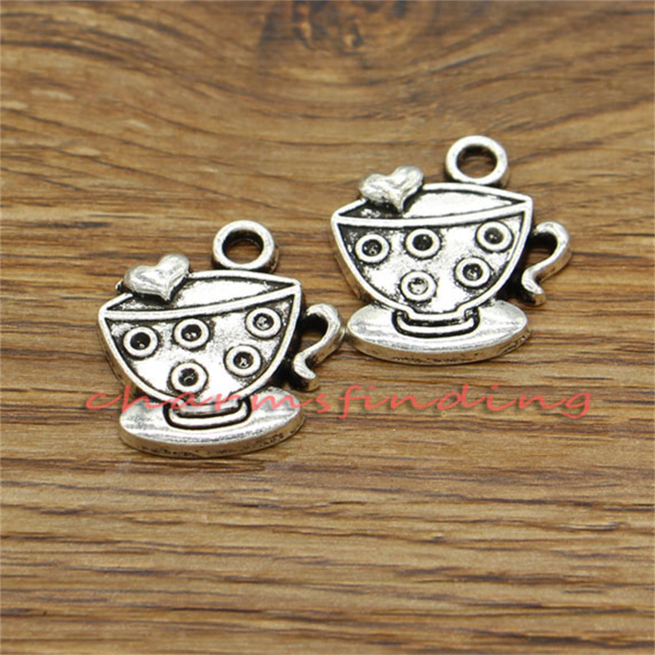 15pcs Tea Charms Cup and Saucer Charms Antique Silver Tone 23x25mm