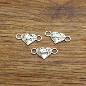 50pcs  I love to Dance Heart Connectors Charms Links Pendants Diy Jewelry Making Antique Silver Tone 25x13mm cf5103