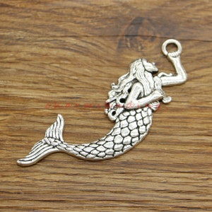 5pcs Large Mermaid Pendants Charms Ocean Sea Nautical Charms Antique Silver Tone 26x77mm cf4573