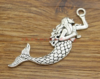5pcs Grandes Colgantes de Sirena Charms Ocean Sea Amuletos Náuticos Antiguos Tono Plata 26x77mm cf4573