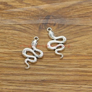Puede incluir: Dos encantos de serpiente plateados con un diseño detallado. Los encantos tienen un bucle en la parte superior para sujetarlos a un collar o pulsera.