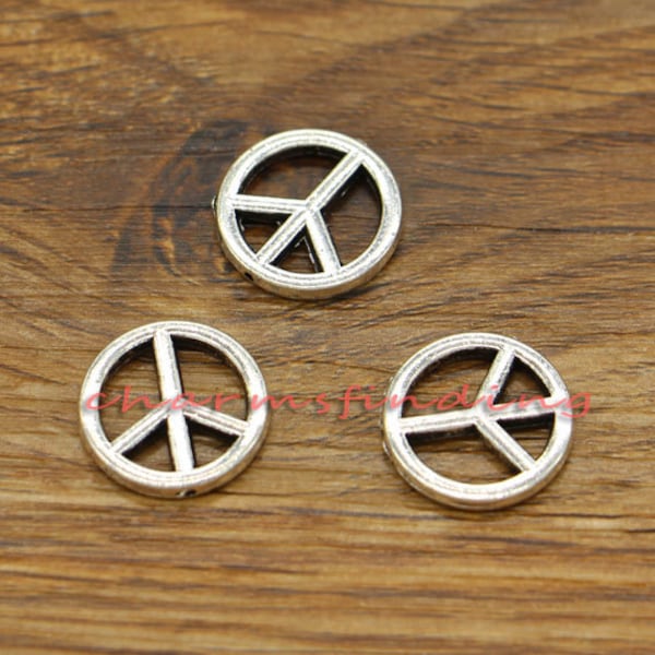 20pcs Peace Sign Bead Centered Hole Beads Antique Silver Tone 15x15mm cf0841