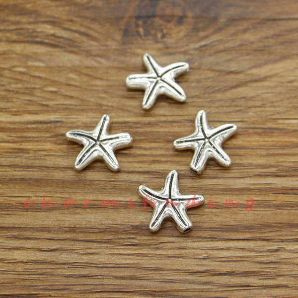 25pcs Starfish Beads Spacers Charms Centered Hole Beads Antique Silver Tone 14x14mm 1mm taille du trou cf3603