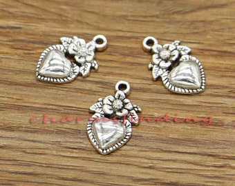 30pcs breloque coeur valentine breloque fleur breloques ton argent antique 11x18mm cf3012