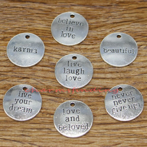 20pcs Affirmation Charm Word Charm Live Your Dream Live Laugh Love Never Give Up Charms Antique Silver Tone 20x20mm cf0208