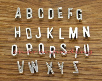 26 Letters A-Z Alphabet Charms Beads Fit Get Through Chain Rope Antique Silver Tone 6x11 approx mm 2X6mm approx hole cf3448