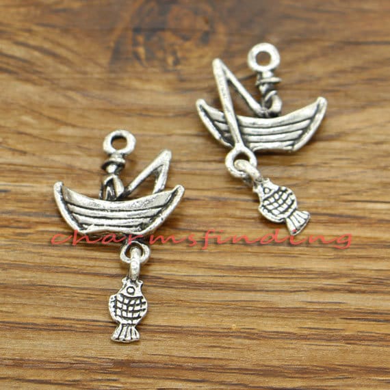 15pcs Fishing Charms Fisherman in a Boat Antique Silver Tone - Etsy
