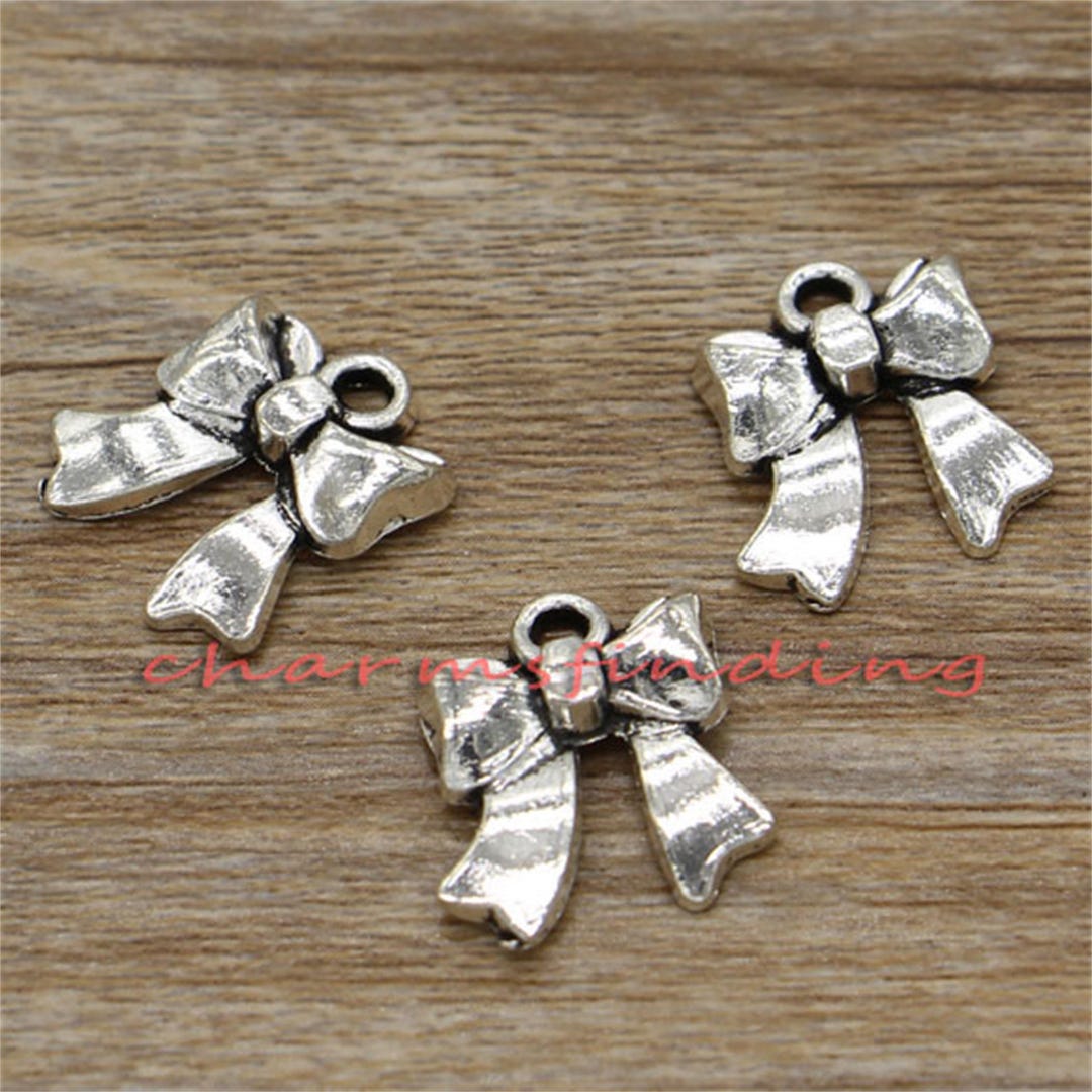 20pcs Bow Charms Wedding Ribbon Charms Antique Silver Tone 17x19mm