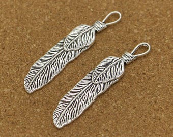 10pcs Large Feather Pendants Charms Bird Charms Antique Silver Tone 57x12mm cf0863