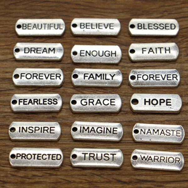 20 Bar Tags Inspirational Word Charm Rectangle Word Affirmation Charm Beautiful Dream Inspire Forever Grace Dream Hope Antique Silver 21x8