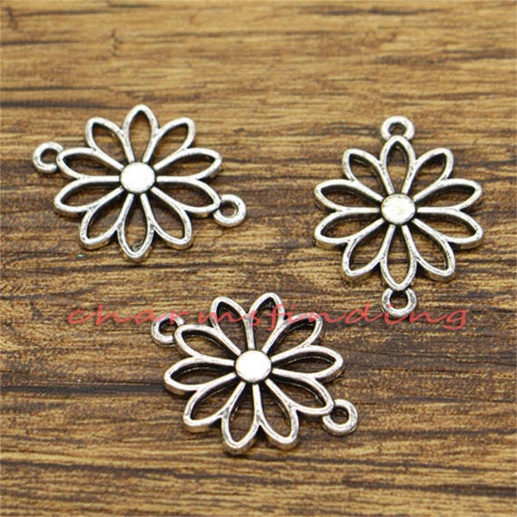 30pcs Daisy Flower Connectors Charms Floral Charms Antique Silver Tone 19x25mm cf0198