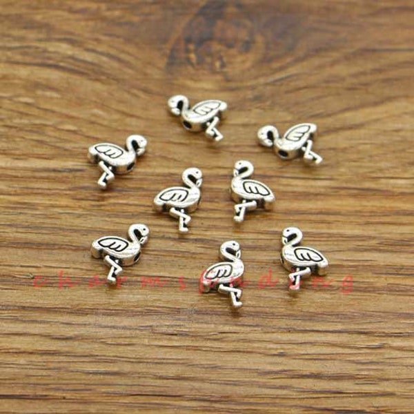 100pcs Petit Mini Flamingo Bird Perles Spacers Antique Silver Tone 9x12mm 1mm trou cf3760