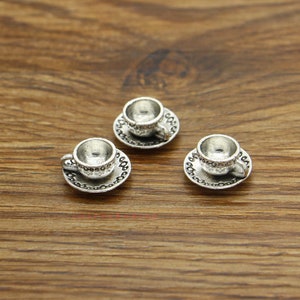 15pcs Tasse à thé et soucoupe Charme 3D Antique Silver Tone 14x7x14mm cf3960 image 1