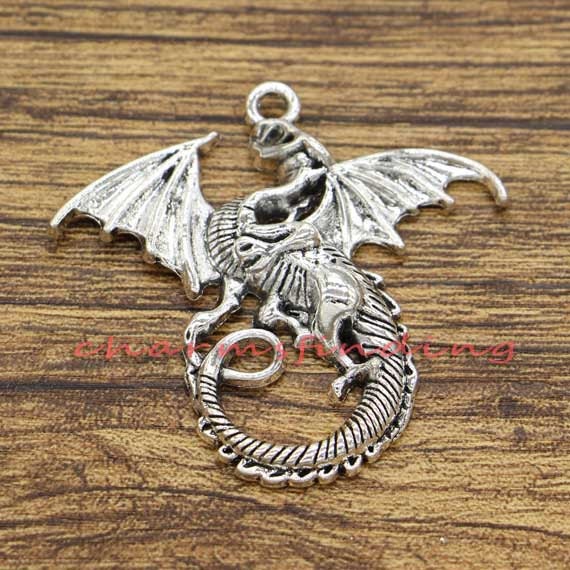 5pcs Large Dragon Charms Pendants Animal Charms Mythical Antique Silver Tone 43x46mm cf2529