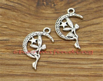 30pcs moon Fairy Charms Antique Silver Tone 2 Sided 25x15mm cf0231