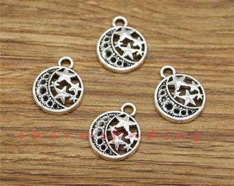 50pcs Moon and Star Charms Celestial Charms Antique Silver Tone 14x17mm cf3784