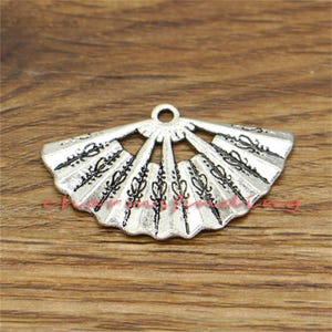 15pcs Large Fan Charms Pendants Antique Silver Tone 34x21mm cf2296