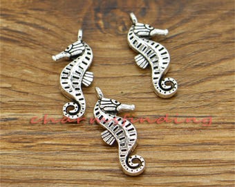 50pcs Sea Horse Charms Seahorse Charms 2 Sided Charms Antique Silver Tone 22x9mm cf0570