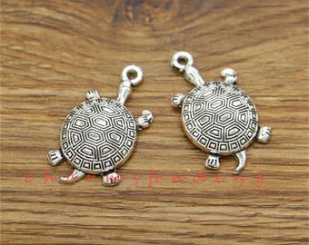 10 piezas de dijes de tortuga, dijes de tortuga, dijes de animales, tono plata antigua, 19 x 35 mm, cf3478