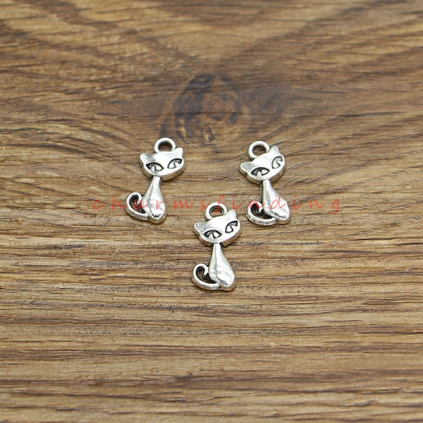 50pcs Cat Charms Animal Pet Feline Bulk Charms Antique Silver Tone 8x17mm cf4727