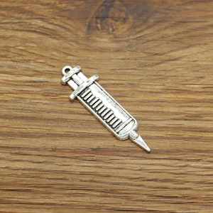 12pcs Large Syringe Charms Pendant Medical Charm Antique Silver Tone 43x13mm cf3991