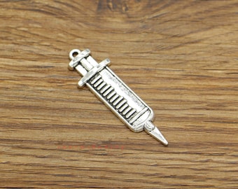 12pcs Large Syringe Charms Pendant Medical Charm Antique Silver Tone 43x13mm cf3991