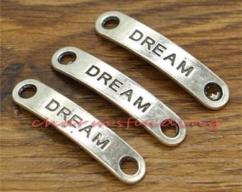20 piezas de dijes de conector de sueños, dijes de palabras, tono plata antigua, 38 x 8 mm, cf1310