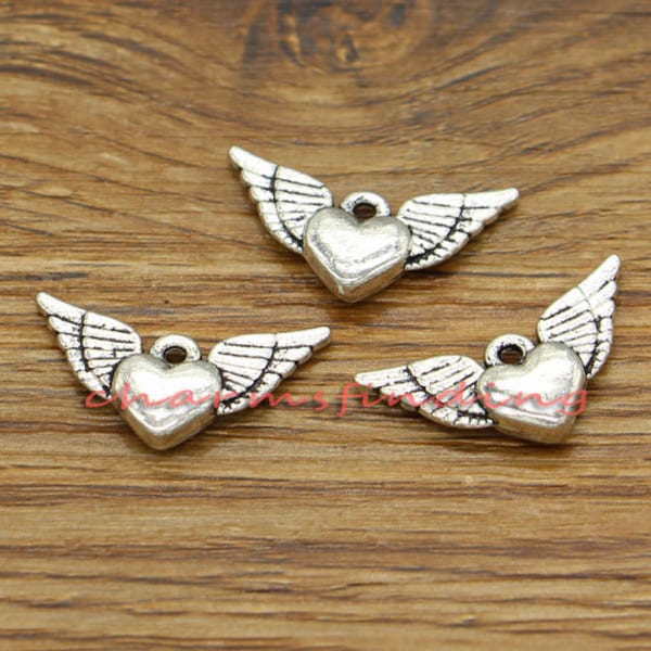 15pcs Winged Heart Charms 2 Sided Angel Wings Charms Antique Silver Tone 25x13mm cf1858