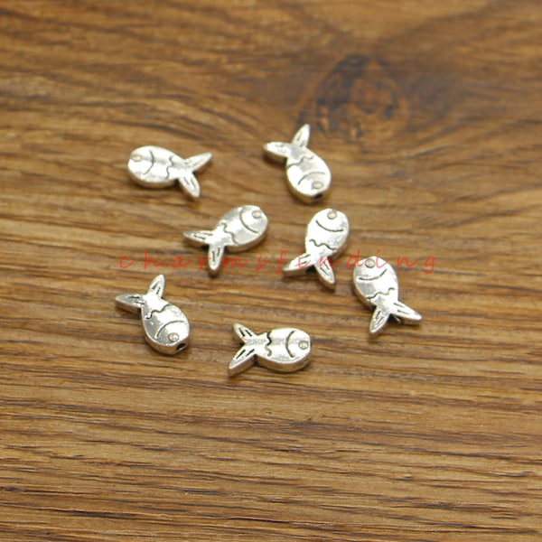 50pcs fish Beads Animal Beads with 1mm hole approx Bulk Loose Metal Beads Antique Silver Tone Beads 11x8x3mm cf4828