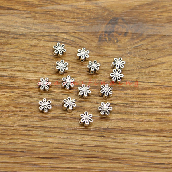 50/100pcs Metal Small Daisy Flower Beads Spacers Bulk Wholesale Charm Antique Silver Jewelry Bracelet Beads 6x7x4mm 1mm hole beads cf4882