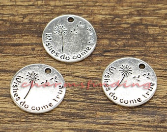 15pcs Wish Charms Wishes Do Come True Charms Round Word Tag Charms Antique Silver Tone 20x20mm cf0660