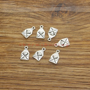50pcs Envelope Charms with Heart, Love Letter Charm,  Mail Charm, Bulk Charms, Antique Silver Tone 7x13mm cf4437