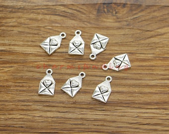 50pcs Envelope Charms with Heart, Love Letter Charm,  Mail Charm, Bulk Charms, Antique Silver Tone 7x13mm cf4437