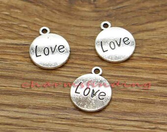 15pcs Love Charms Word Disc Charm Antique Silver Tone 15x18mm cf3059