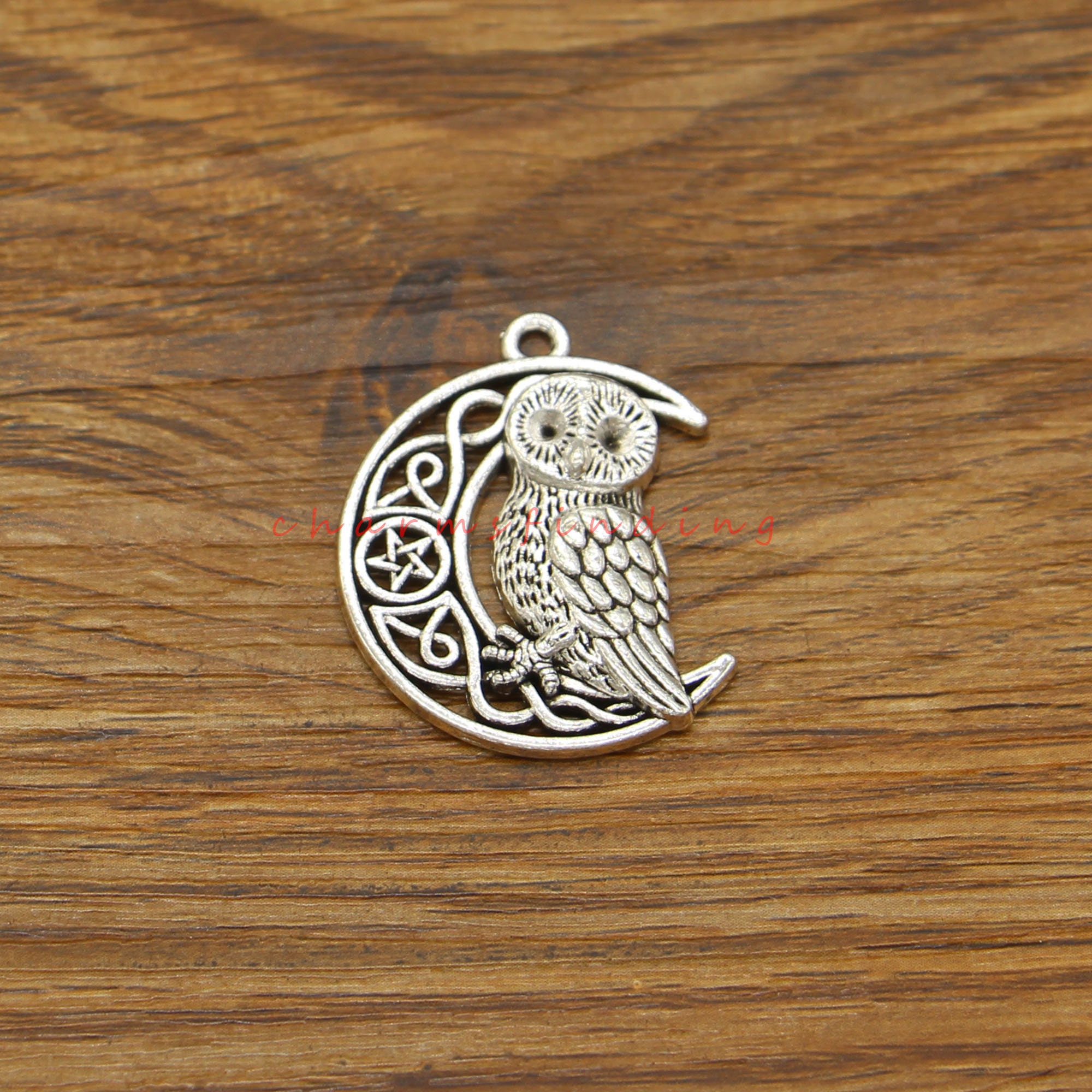 10pcs Large Night Owl Pendants Charms Bird Charms Moon And Star Charms Antique Silver Tone 26x33mm c