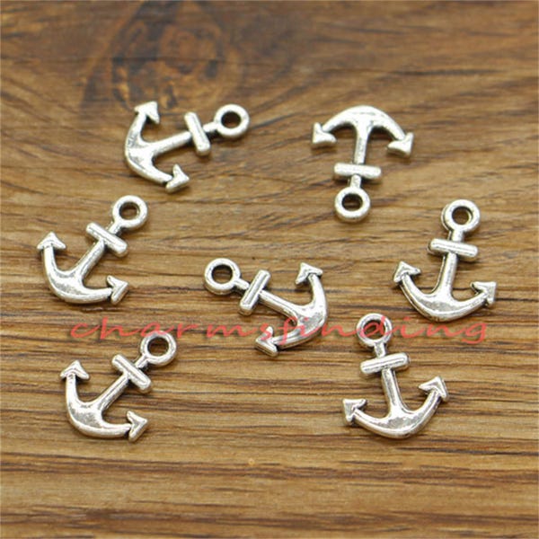 100 peças de pingentes de âncora pingentes náuticos tamanho pequeno tom de prata antigo 11 x 14 mm cf2881
