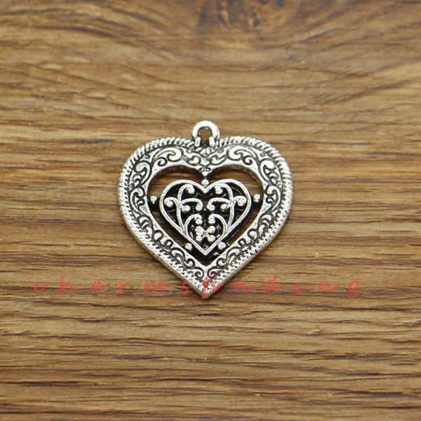 8pcs Large Heart Charm Double Heart Charm Valentine Charms Two Sided Antique Silver Tone 27x29mm cf3562