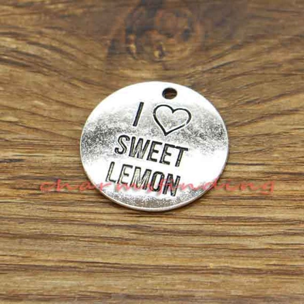 10pcs I Love Sweet Lemon Charms Fruit Charm Word Charm Double Sided Antique Silver Tone 25x25mm cf3017