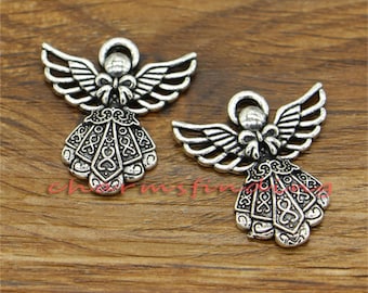 20 piezas de dijes de ángel en tono plateado antiguo, 27 x 24 mm, cf0510