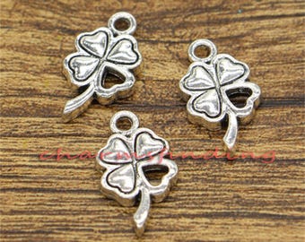 30pcs Clover Charm Good Luck 4 Leaf Clover Charm Antique Silver Tone 2 Sided 11x20mm cf2488