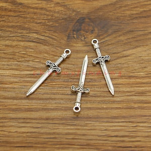 25pcs Sword Charms Pendants Antique Silver Tone 10x34mm cf4814