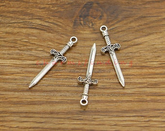 25pcs Sword Charms Pendants Antique Silver Tone 10x34mm cf4814