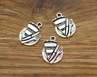 30pcs Cake Slice and Fork Charms Food Charm Antique Silver Tone 14x21mm cf3466