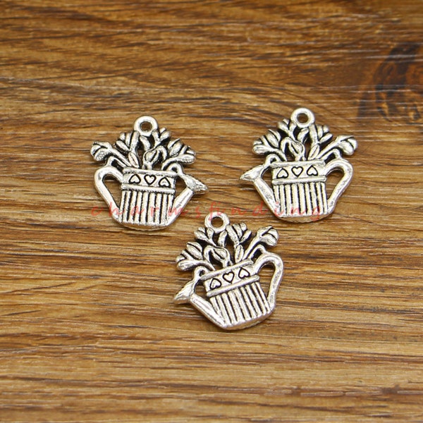 20pcs Watering Pot Cna Charms Gardening Flower Pot Jewelry Charms Antique Silver Tone 19x20mm cf4709