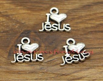 30pcs I Love Jesus Charms Religious Charms Antique Silver Tone 13x16mm cf1775