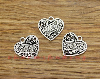 25pcs Heart Mom Charm Word Charm Double Sided Charms Antique Silver Tone 18x18mm cf3594