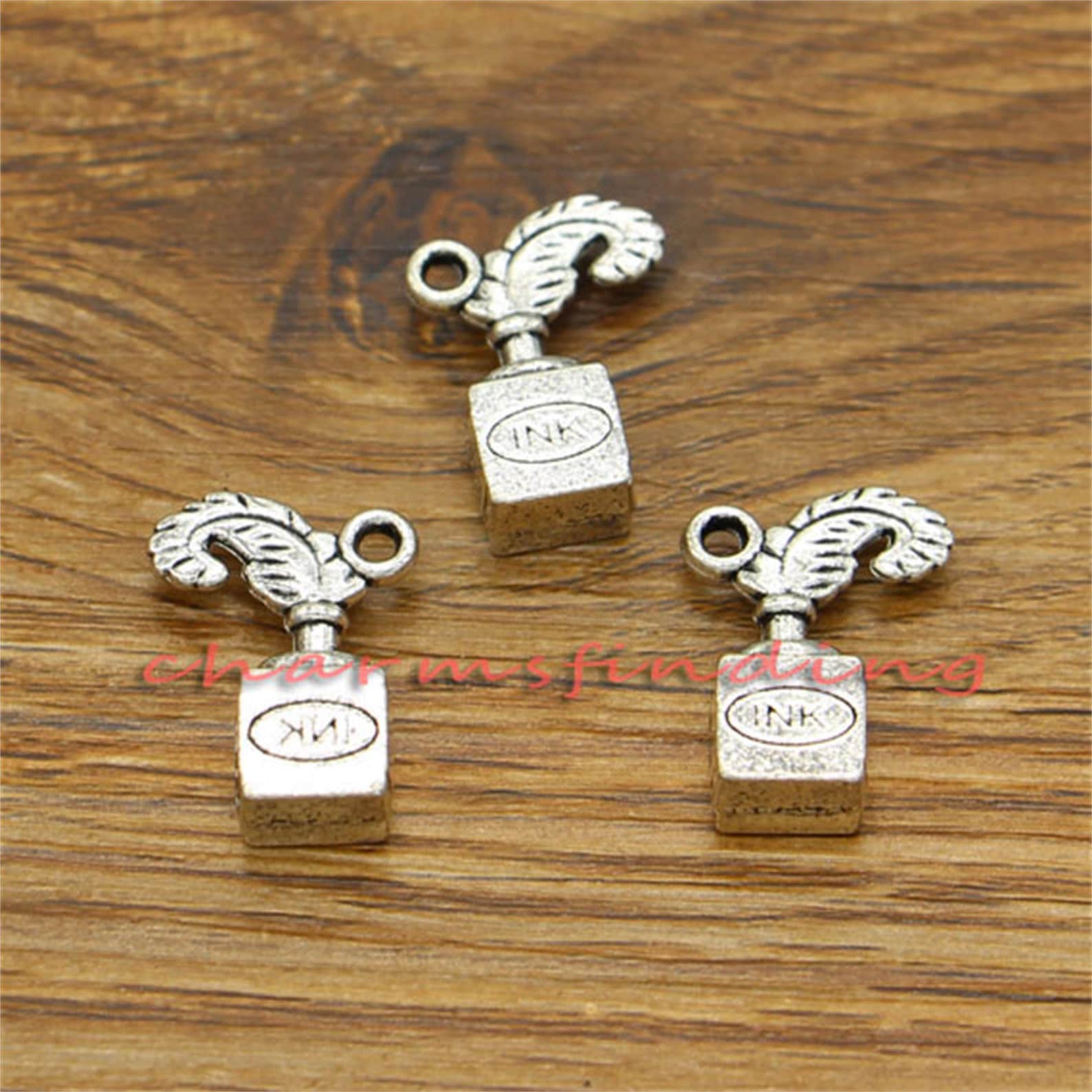 15pcs Pen Charms Quill and Ink Bottle Charms Antique Silver Tone 3D ...