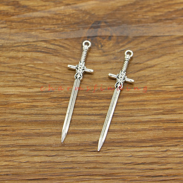 25pcs Sword Charms Pendants Antique Silver Tone 12x50mm cf4930